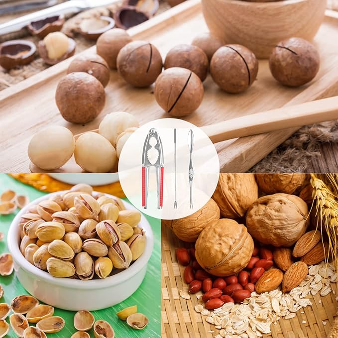 Nut Crackers Walnut Cracker Heavy Duty Shell Cracker Seafood Cracker Walnut Opener Tool with with Red Non-slip Handle, with 2 Pcs Forks/Picks
