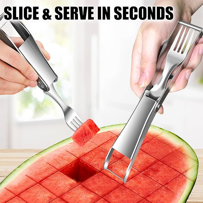 Premium 2-in-1 Watermelon Cutter Tool with Retractable Fork - Stainless Steel Watermelon Fruit Slicer Knife - Durable, Easy to Use & Clean - Melon Slicer Gadget for Home, Camping, Kitchen