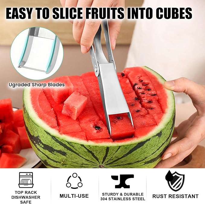 Premium 2-in-1 Watermelon Cutter Tool with Retractable Fork - Stainless Steel Watermelon Fruit Slicer Knife - Durable, Easy to Use & Clean - Melon Slicer Gadget for Home, Camping, Kitchen