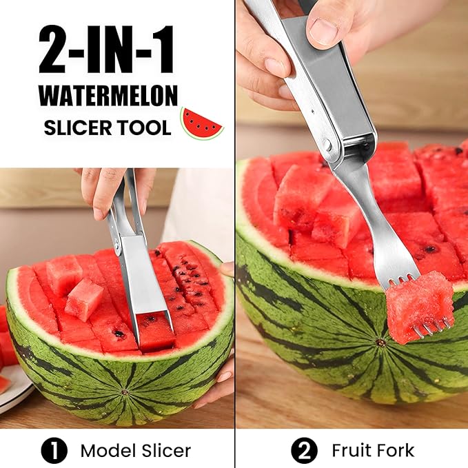 Premium 2-in-1 Watermelon Cutter Tool with Retractable Fork - Stainless Steel Watermelon Fruit Slicer Knife - Durable, Easy to Use & Clean - Melon Slicer Gadget for Home, Camping, Kitchen