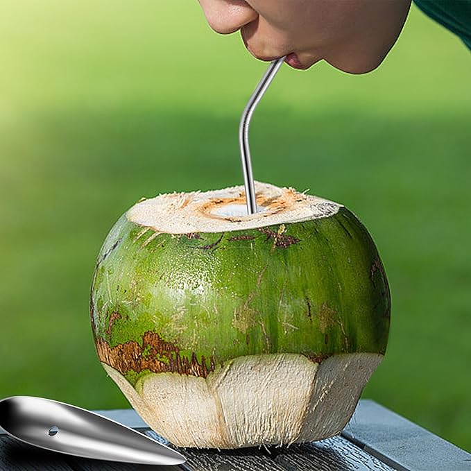 Coconut Opener Tool Set for Green Fresh Coconut, Manual Cutter, Straw Hole Puncher with 4 PCS Reusable Straws & Brush
