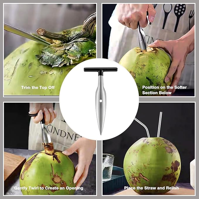 Coconut Opener Tool Set for Green Fresh Coconut, Manual Cutter, Straw Hole Puncher with 4 PCS Reusable Straws & Brush