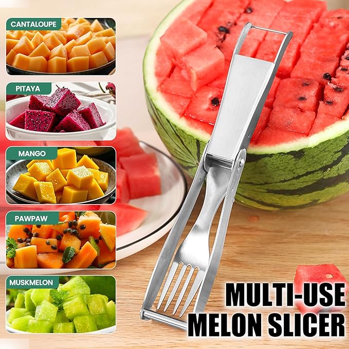 Premium 2-in-1 Watermelon Cutter Tool with Retractable Fork - Stainless Steel Watermelon Fruit Slicer Knife - Durable, Easy to Use & Clean - Melon Slicer Gadget for Home, Camping, Kitchen