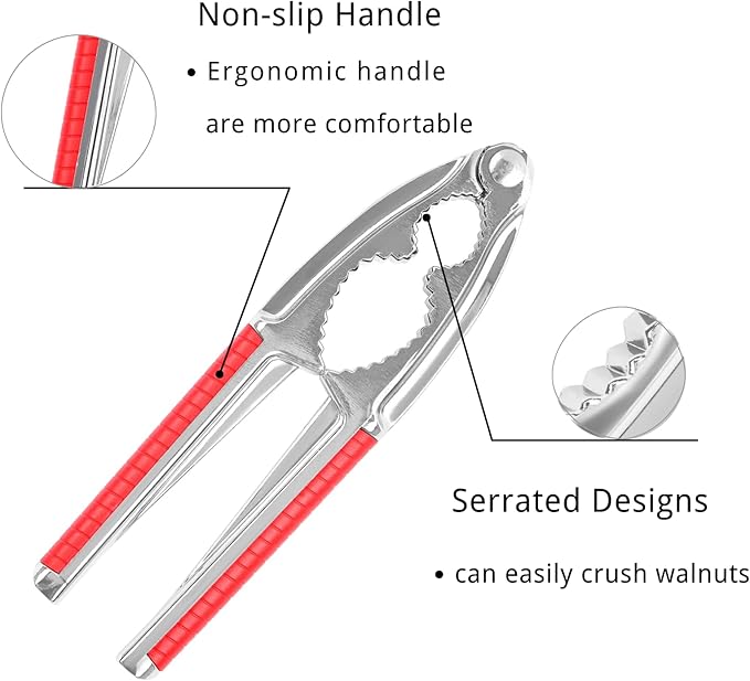 Nut Crackers Walnut Cracker Heavy Duty Shell Cracker Seafood Cracker Walnut Opener Tool with with Red Non-slip Handle, with 2 Pcs Forks/Picks