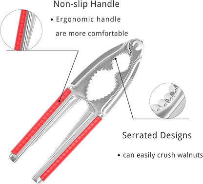 Nut Crackers Walnut Cracker Heavy Duty Shell Cracker Seafood Cracker Walnut Opener Tool with with Red Non-slip Handle, with 2 Pcs Forks/Picks