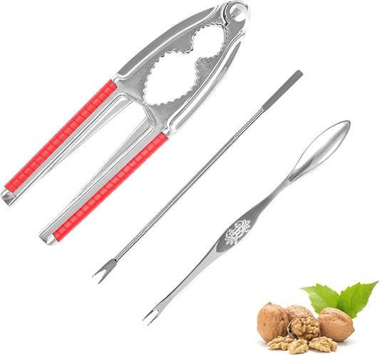 Nut Crackers Walnut Cracker Heavy Duty Shell Cracker Seafood Cracker Walnut Opener Tool with with Red Non-slip Handle, with 2 Pcs Forks/Picks