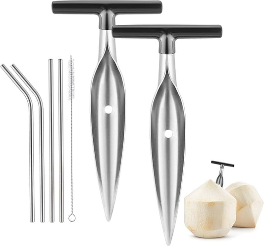 Coconut Opener Tool Set for Green Fresh Coconut, Manual Cutter, Straw Hole Puncher with 4 PCS Reusable Straws &amp; Brush