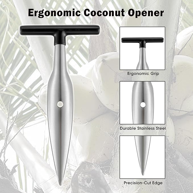 Coconut Opener Tool Set for Green Fresh Coconut, Manual Cutter, Straw Hole Puncher with 4 PCS Reusable Straws &amp; Brush