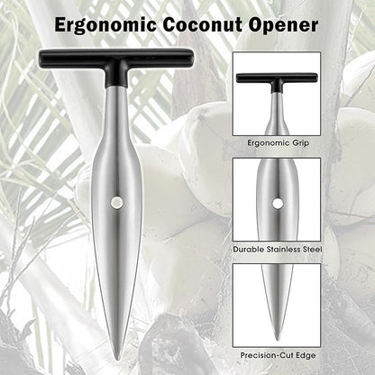 Coconut Opener Tool Set for Green Fresh Coconut, Manual Cutter, Straw Hole Puncher with 4 PCS Reusable Straws &amp; Brush