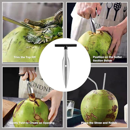Coconut Opener Tool Set for Green Fresh Coconut, Manual Cutter, Straw Hole Puncher with 4 PCS Reusable Straws &amp; Brush