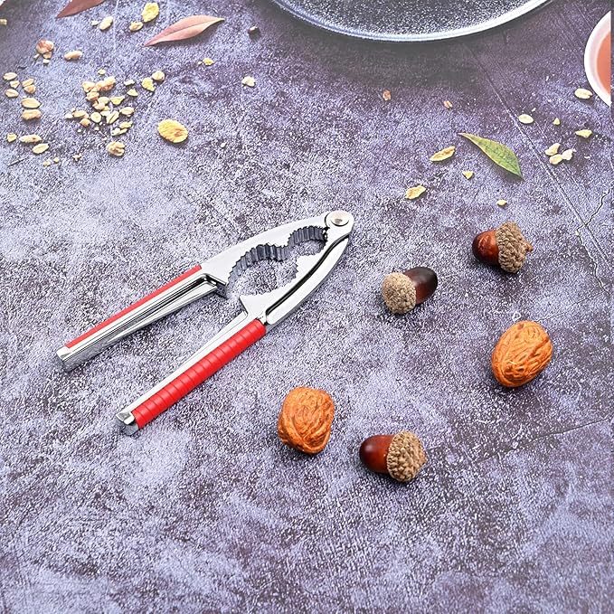 Nut Crackers Walnut Cracker Heavy Duty Shell Cracker Seafood Cracker Walnut Opener Tool with with Red Non-slip Handle, with 2 Pcs Forks/Picks